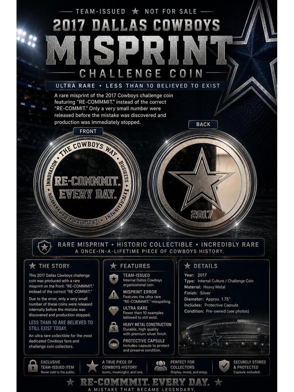 Rare 2017 Dallas Cowboys “RE-COMMMIT EVERY DAY” Internal Challenge Coin Misprint